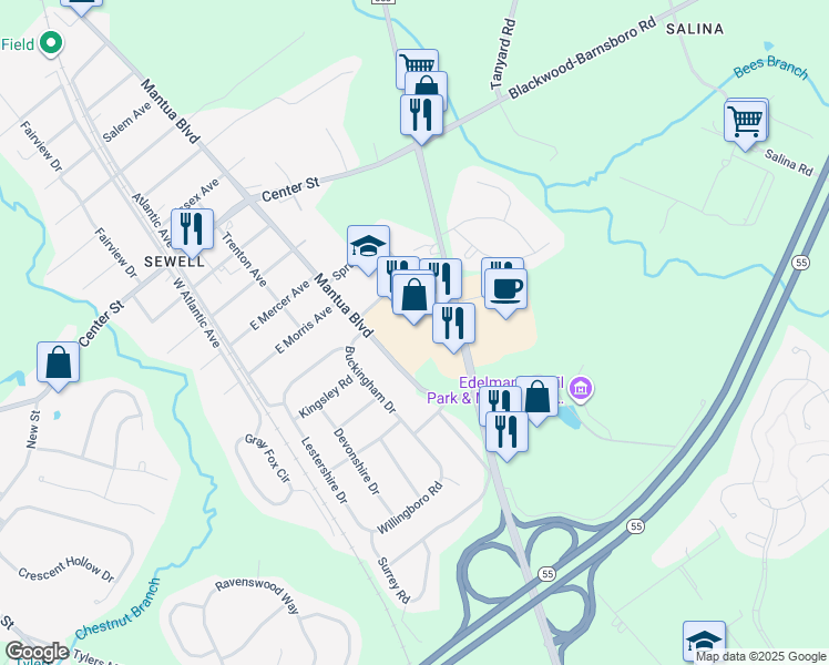 map of restaurants, bars, coffee shops, grocery stores, and more near 660 Woodbury Glassboro Road in Mantua Township