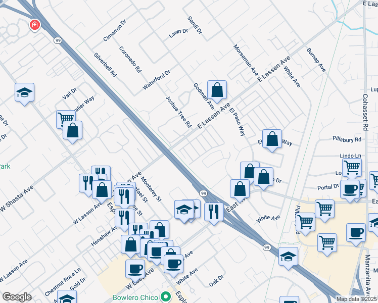 map of restaurants, bars, coffee shops, grocery stores, and more near 567 East Lassen Avenue in Chico