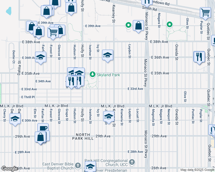 map of restaurants, bars, coffee shops, grocery stores, and more near 3285 Jasmine Street in Denver