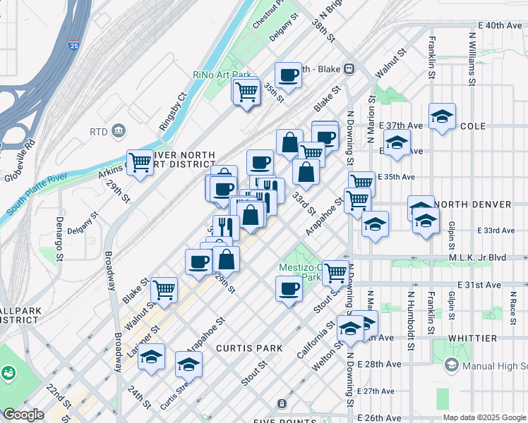 map of restaurants, bars, coffee shops, grocery stores, and more near 3120 Larimer Street in Denver