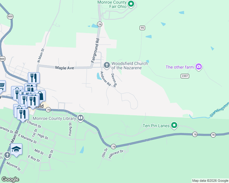map of restaurants, bars, coffee shops, grocery stores, and more near 129 Andover Road in Woodsfield