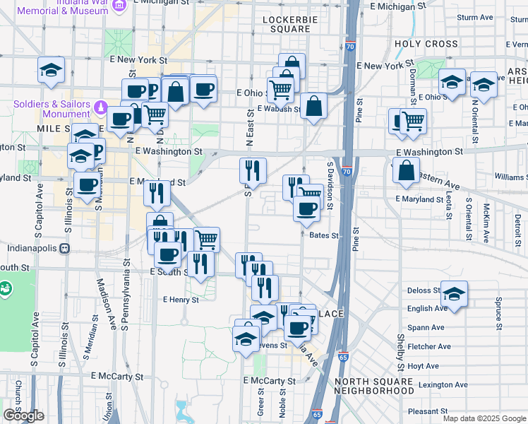 map of restaurants, bars, coffee shops, grocery stores, and more near 151 North East Street in Indianapolis