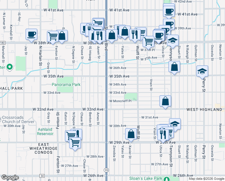 map of restaurants, bars, coffee shops, grocery stores, and more near 3270 Zenobia Street in Denver