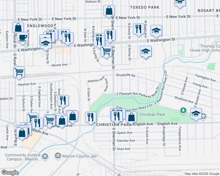 map of restaurants, bars, coffee shops, grocery stores, and more near 266 South Sherman Drive in Indianapolis
