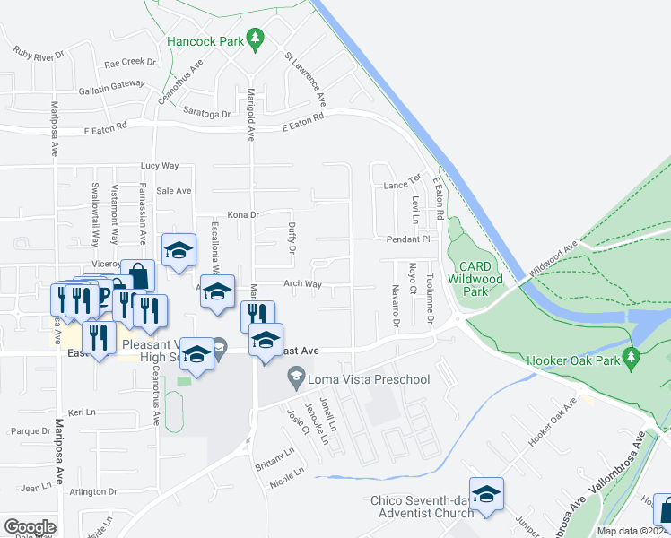 map of restaurants, bars, coffee shops, grocery stores, and more near 2 Harmony Park Circle in Chico