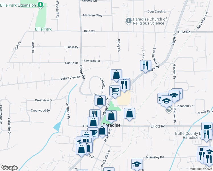 map of restaurants, bars, coffee shops, grocery stores, and more near 807 Camellia Drive in Paradise