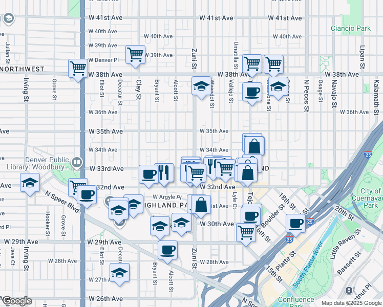 map of restaurants, bars, coffee shops, grocery stores, and more near in Denver