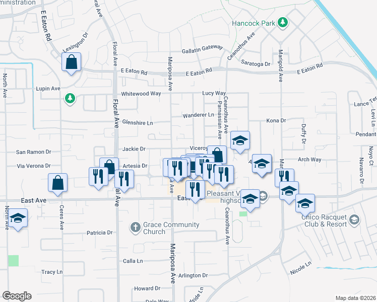 map of restaurants, bars, coffee shops, grocery stores, and more near 1113 Admiral Lane in Chico