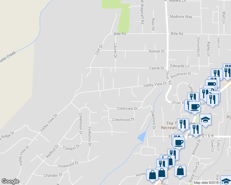 map of restaurants, bars, coffee shops, grocery stores, and more near 480 Valley View Drive in Paradise