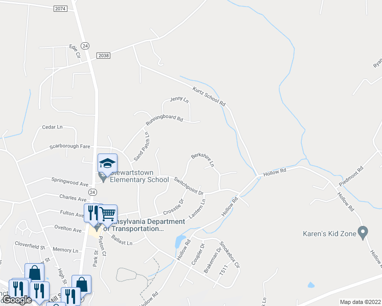 map of restaurants, bars, coffee shops, grocery stores, and more near 122 Berkshire Lane in Stewartstown