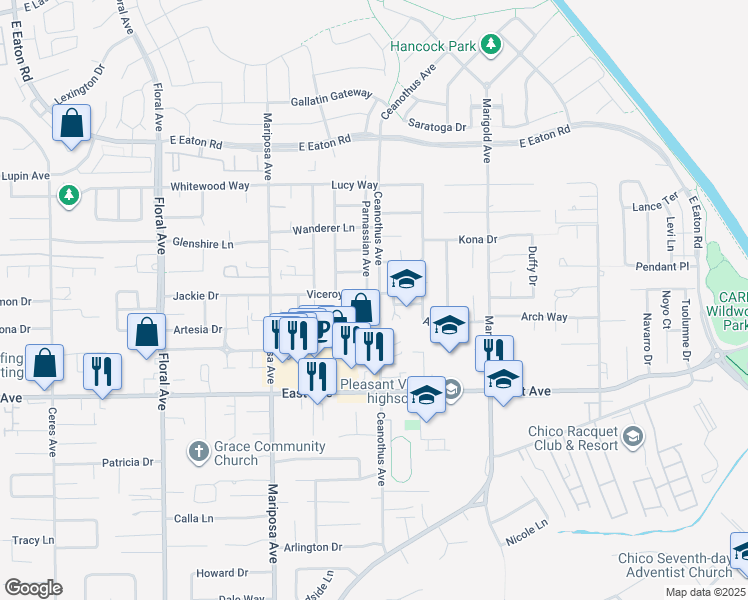 map of restaurants, bars, coffee shops, grocery stores, and more near 2637 Ceanothus Avenue in Chico