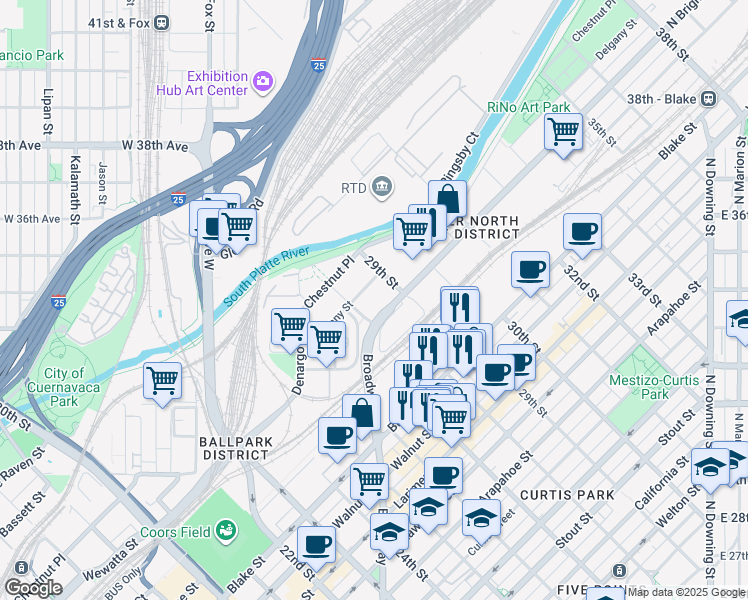 map of restaurants, bars, coffee shops, grocery stores, and more near 1859 28th Street in Denver