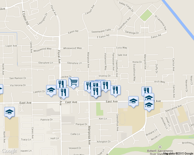 map of restaurants, bars, coffee shops, grocery stores, and more near 1113 Admiral Lane in Chico