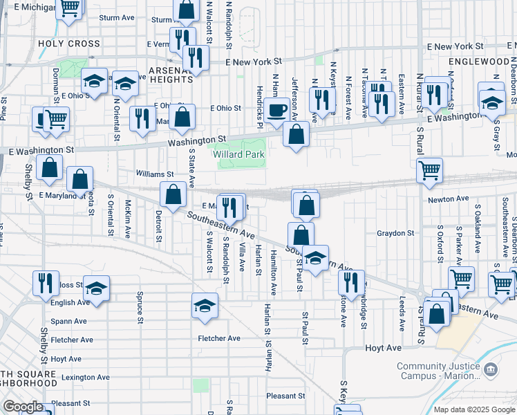 map of restaurants, bars, coffee shops, grocery stores, and more near 158 Harlan Street in Indianapolis