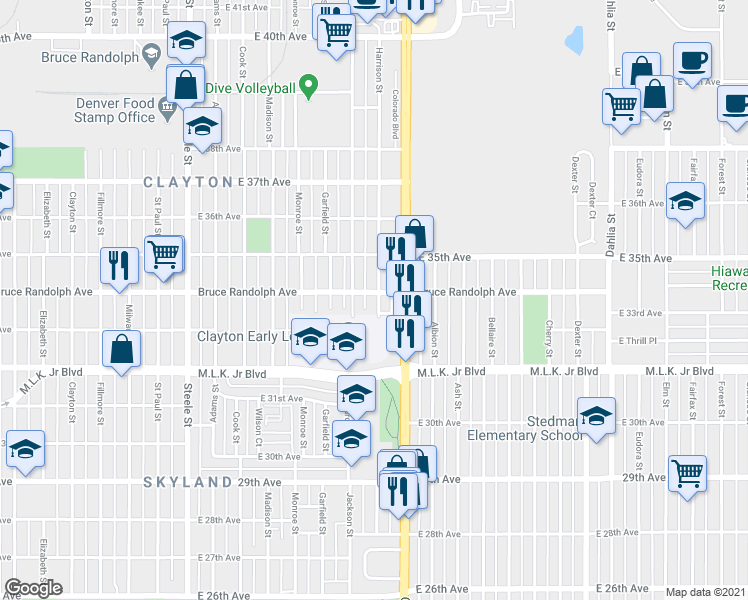 map of restaurants, bars, coffee shops, grocery stores, and more near 3328 Harrison Street in Denver