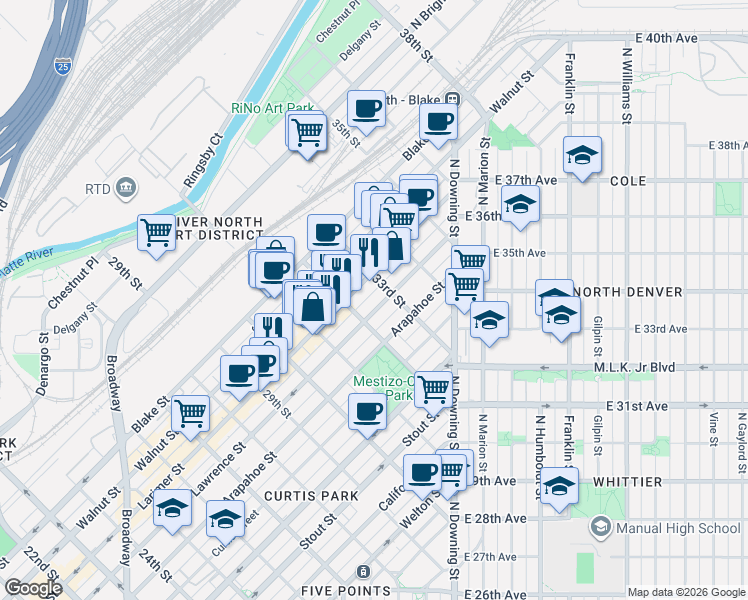 map of restaurants, bars, coffee shops, grocery stores, and more near 3199 Lawrence Street in Denver