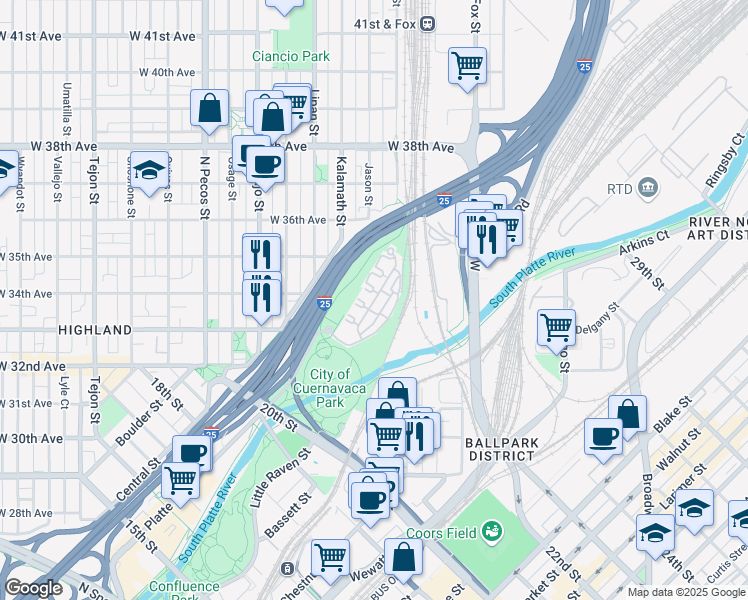 map of restaurants, bars, coffee shops, grocery stores, and more near 3300 Rockmont Drive in Denver