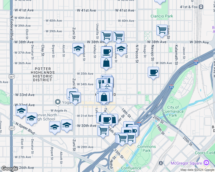 map of restaurants, bars, coffee shops, grocery stores, and more near in Denver
