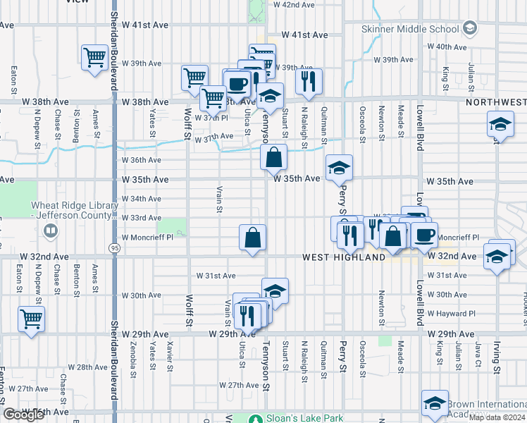 map of restaurants, bars, coffee shops, grocery stores, and more near in Denver