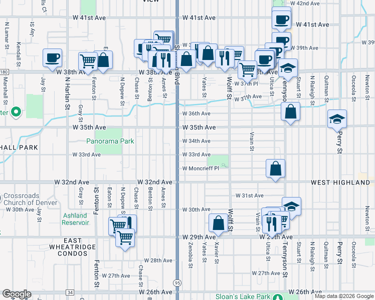 map of restaurants, bars, coffee shops, grocery stores, and more near 3270 Zenobia Street in Denver