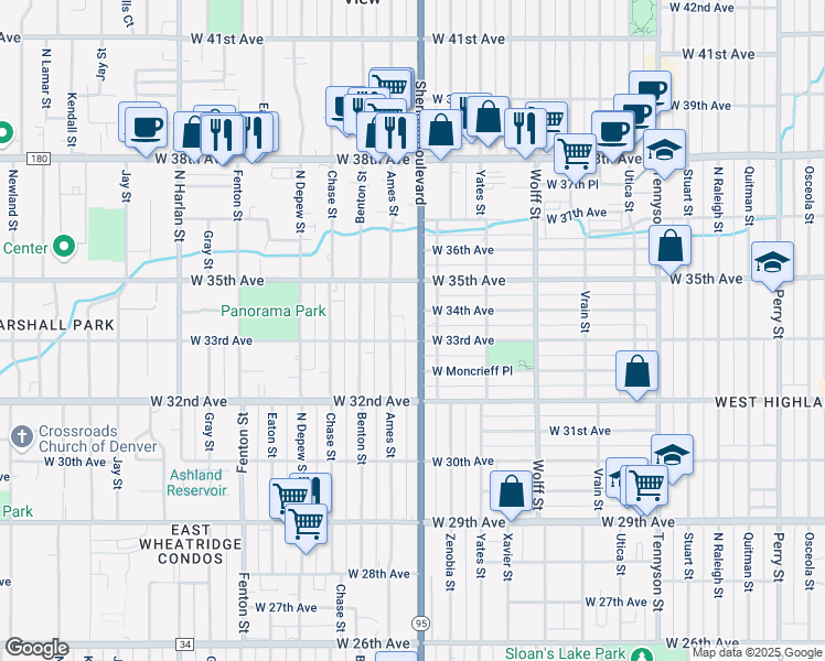 map of restaurants, bars, coffee shops, grocery stores, and more near 3270 Ames Street in Wheat Ridge