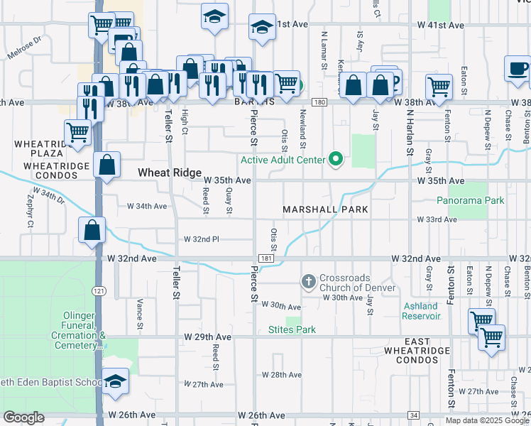 map of restaurants, bars, coffee shops, grocery stores, and more near 3280 Pierce Street in Wheat Ridge