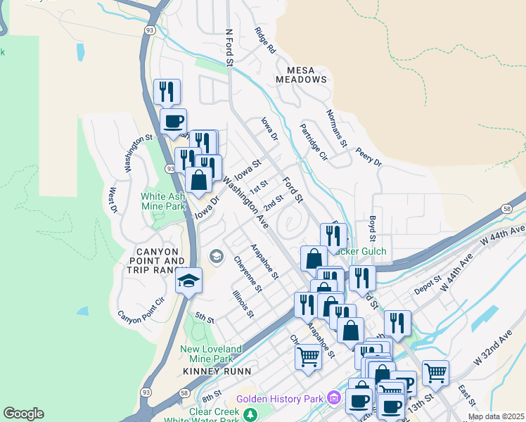 map of restaurants, bars, coffee shops, grocery stores, and more near 208 Washington Avenue in Golden