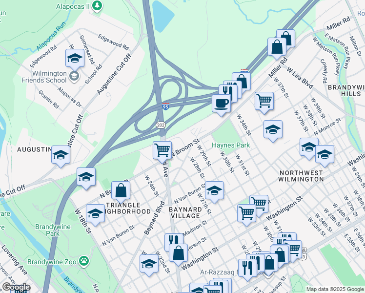 map of restaurants, bars, coffee shops, grocery stores, and more near 906 West 27th Street in Wilmington