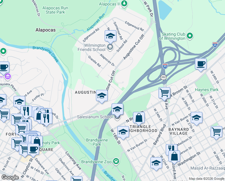 map of restaurants, bars, coffee shops, grocery stores, and more near 5 Carl Road in Wilmington