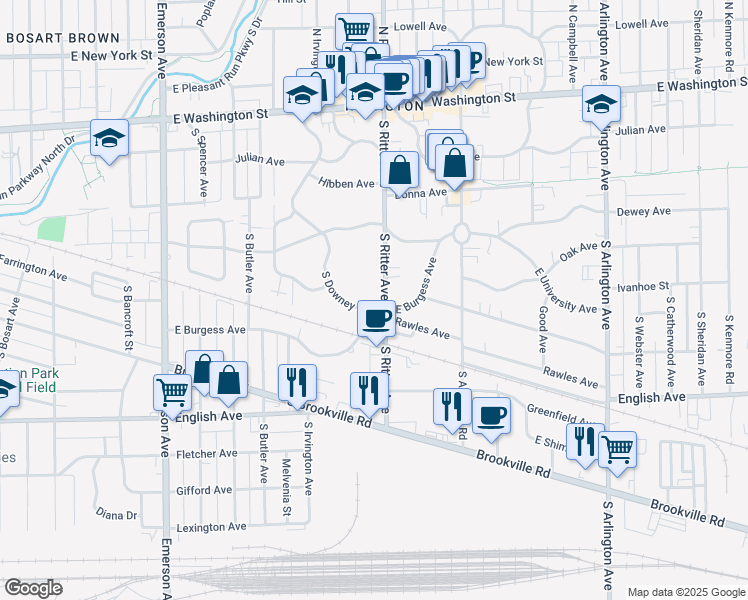 map of restaurants, bars, coffee shops, grocery stores, and more near 378 South Downey Avenue in Indianapolis