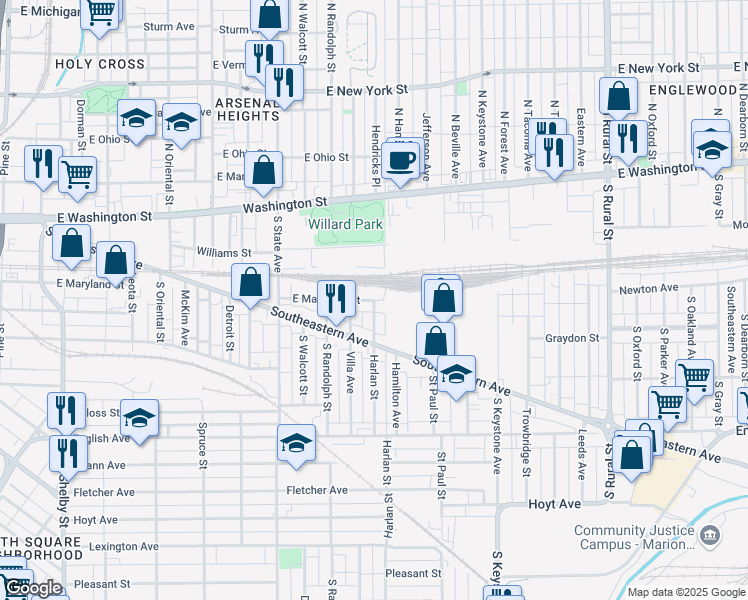 map of restaurants, bars, coffee shops, grocery stores, and more near 158 Harlan Street in Indianapolis