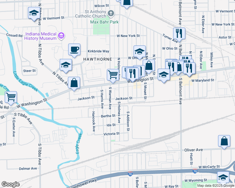 map of restaurants, bars, coffee shops, grocery stores, and more near 2625 Jackson Street in Indianapolis