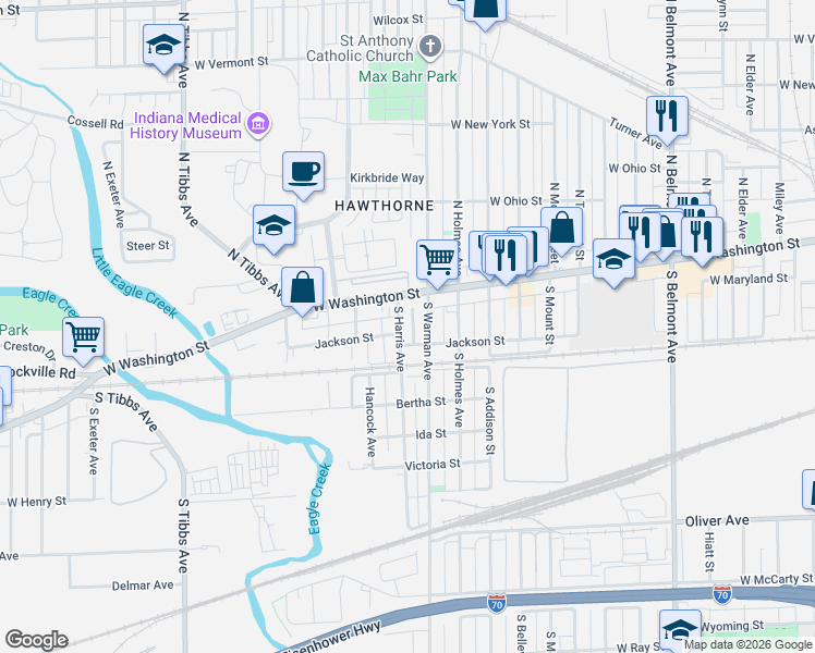 map of restaurants, bars, coffee shops, grocery stores, and more near 116 South Harris Avenue in Indianapolis