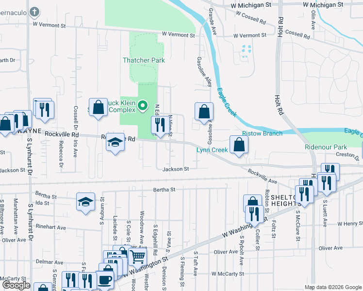 map of restaurants, bars, coffee shops, grocery stores, and more near 27 South Fleming Street in Indianapolis