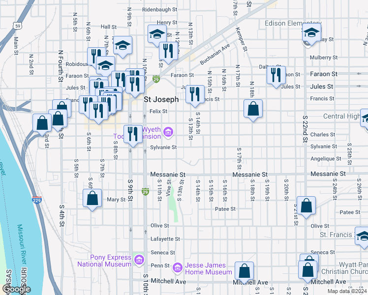 map of restaurants, bars, coffee shops, grocery stores, and more near 413 South 12th Street in Saint Joseph
