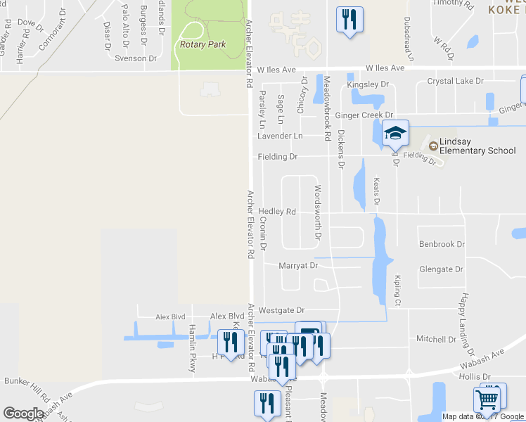 map of restaurants, bars, coffee shops, grocery stores, and more near 5704 Hedley Road in Springfield