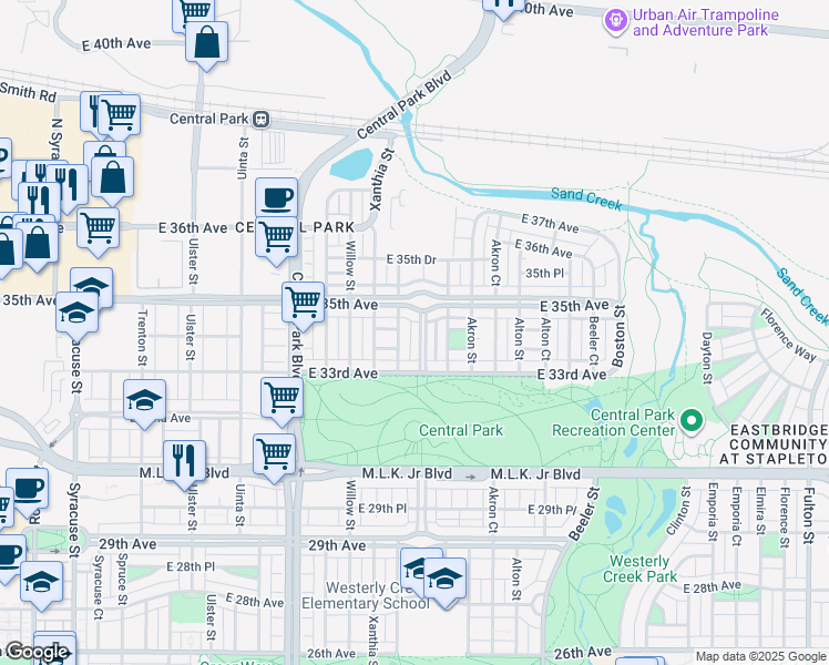 map of restaurants, bars, coffee shops, grocery stores, and more near 3441 Xenia Street in Denver