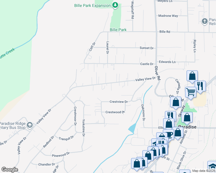map of restaurants, bars, coffee shops, grocery stores, and more near 480 Valley View Drive in Paradise
