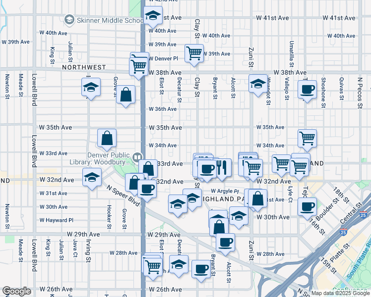 map of restaurants, bars, coffee shops, grocery stores, and more near 3315 Clay Street in Denver