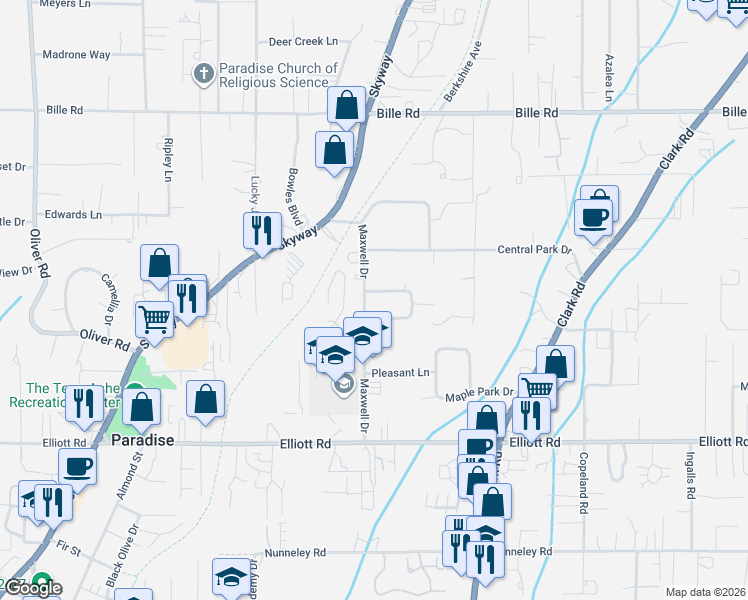 map of restaurants, bars, coffee shops, grocery stores, and more near 1095 Fairview Drive in Paradise