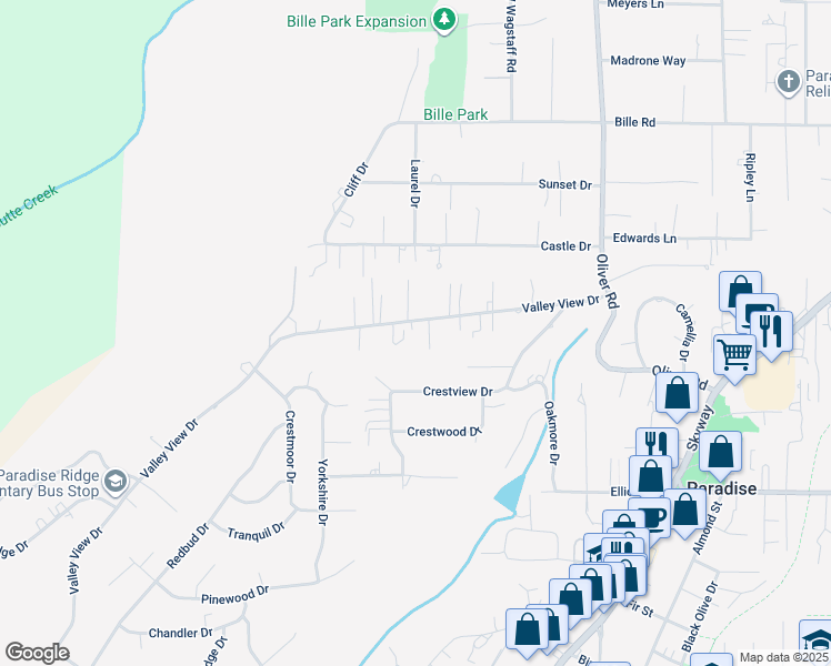 map of restaurants, bars, coffee shops, grocery stores, and more near 480 Valley View Drive in Paradise