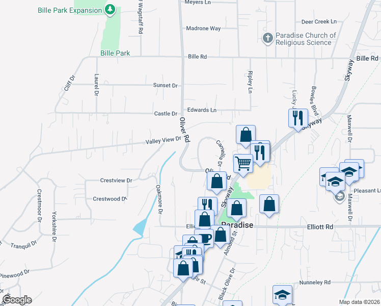 map of restaurants, bars, coffee shops, grocery stores, and more near 661 Dogwood Lane in Paradise