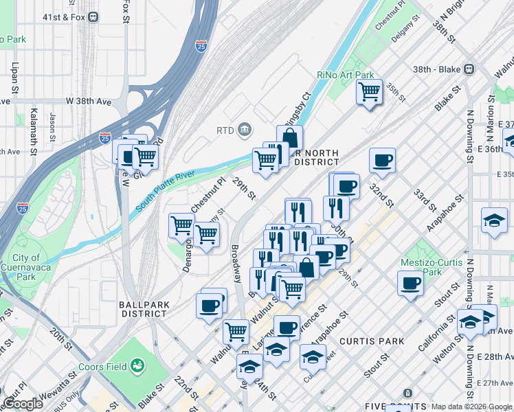 map of restaurants, bars, coffee shops, grocery stores, and more near 2890 Brighton Boulevard in Denver