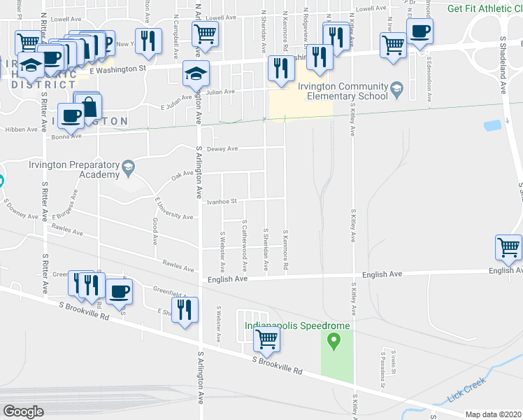 map of restaurants, bars, coffee shops, grocery stores, and more near 348 South Sheridan Avenue in Indianapolis