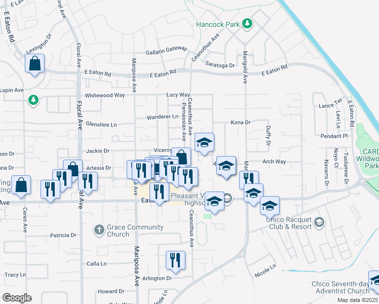 map of restaurants, bars, coffee shops, grocery stores, and more near 2637 Ceanothus Avenue in Chico
