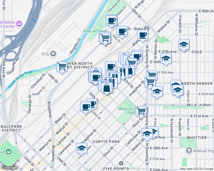 map of restaurants, bars, coffee shops, grocery stores, and more near in Denver