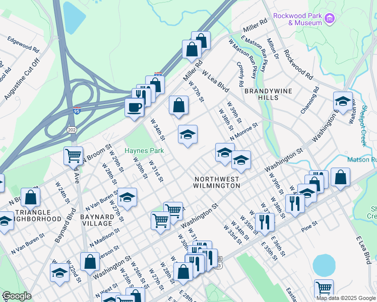 map of restaurants, bars, coffee shops, grocery stores, and more near 701 West 34th Street in Wilmington