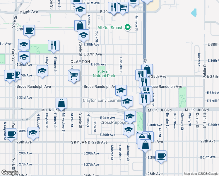 map of restaurants, bars, coffee shops, grocery stores, and more near 3440 Madison Street in Denver