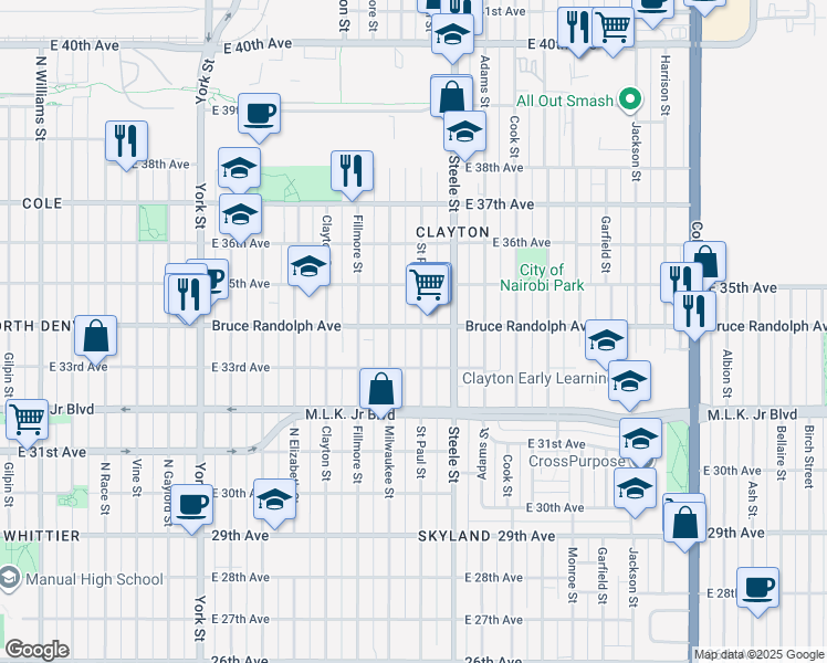 map of restaurants, bars, coffee shops, grocery stores, and more near 3428 Milwaukee Street in Denver