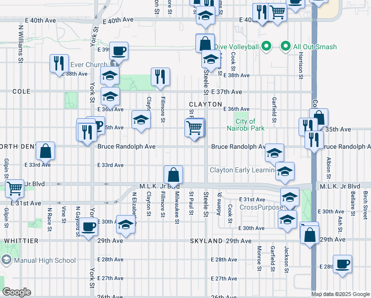 map of restaurants, bars, coffee shops, grocery stores, and more near 3428 Milwaukee Street in Denver